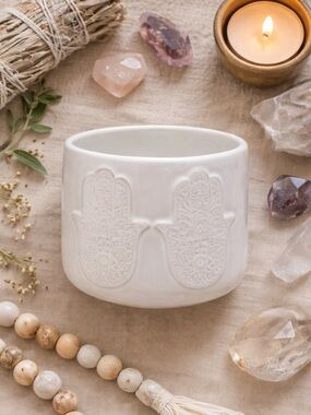 Hamsa Hand Evil Eye Planter Votive Holder Boho Spiritual Decor White Ceramic